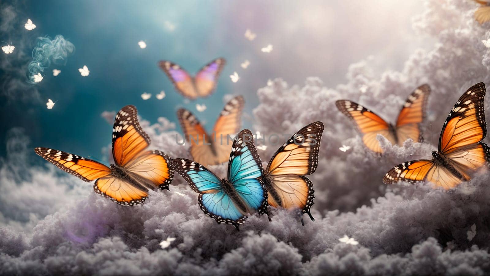 colorful spring butterflies on a blue sunny spring magic background by Севостьянов