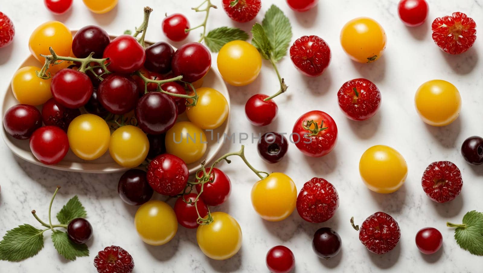 cherry berries, grapes, red and yellow tomatoes on a white background by Севостьянов