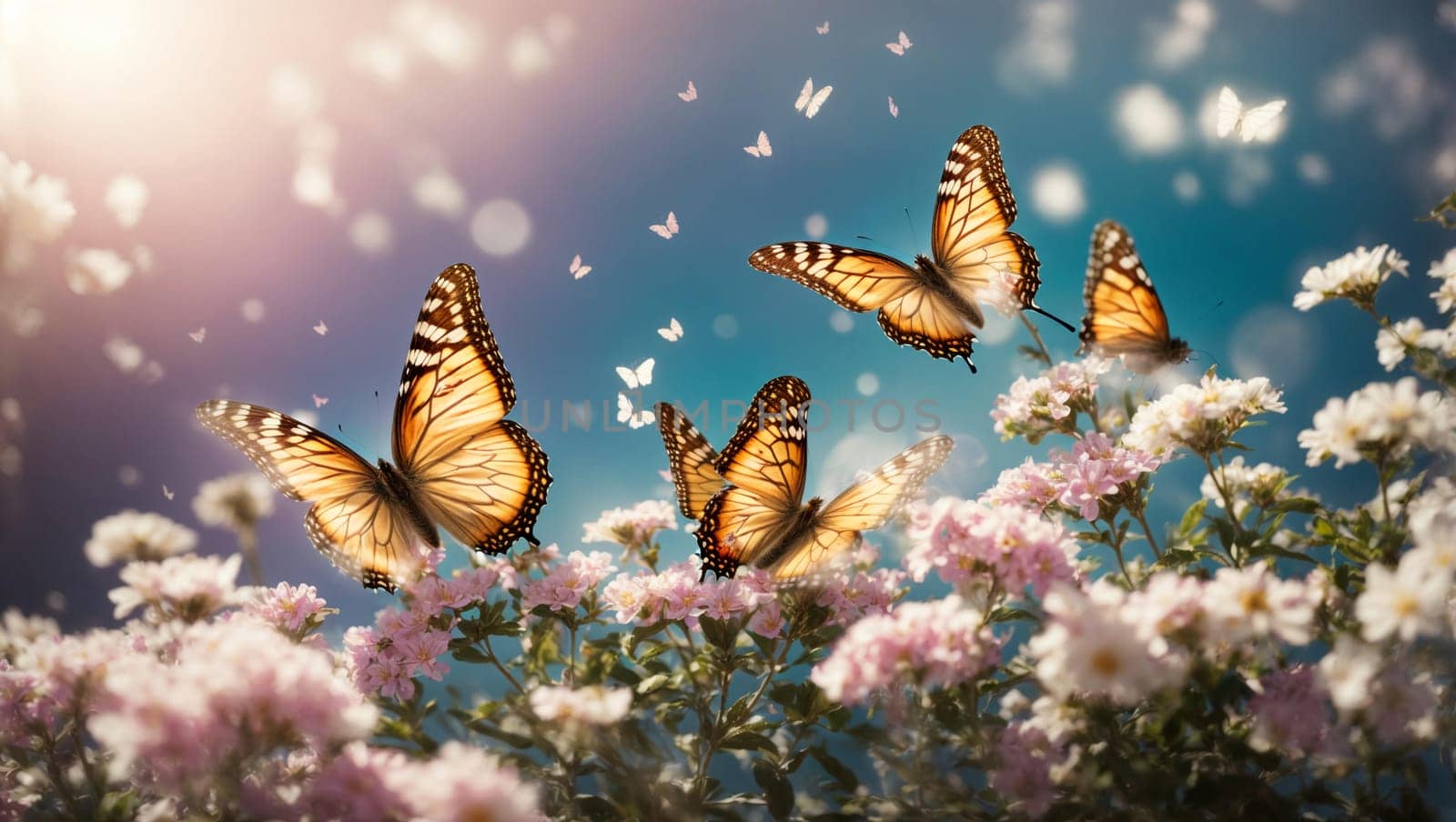 colorful butterflies on a blue sunny spring magic background with rays of the sun