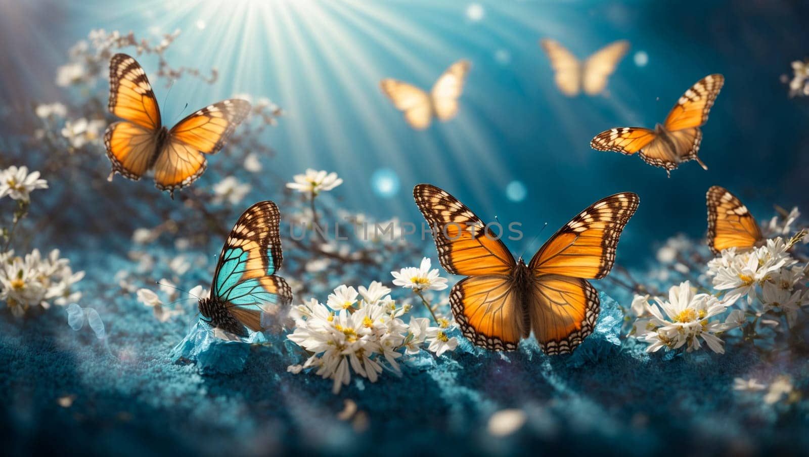 colorful butterflies on a blue sunny spring magic background with rays of the sun