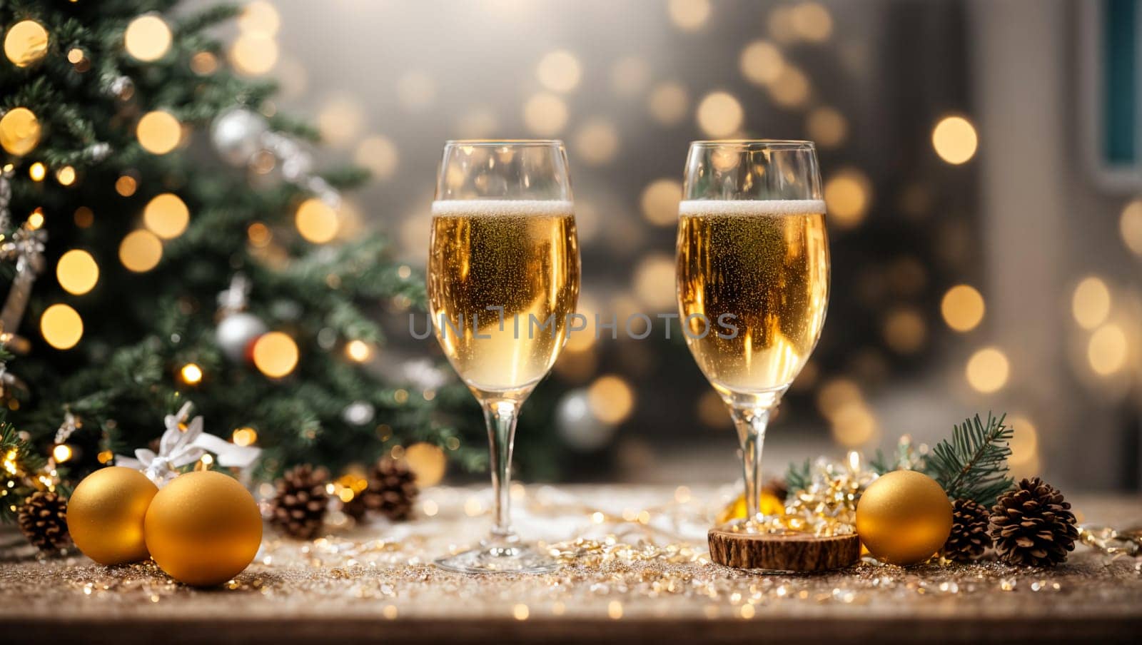 glasses with spilled champagne on a bright Christmas table with bright Christmas toys and garlands, a Christmas tree in the background with a magical blue background