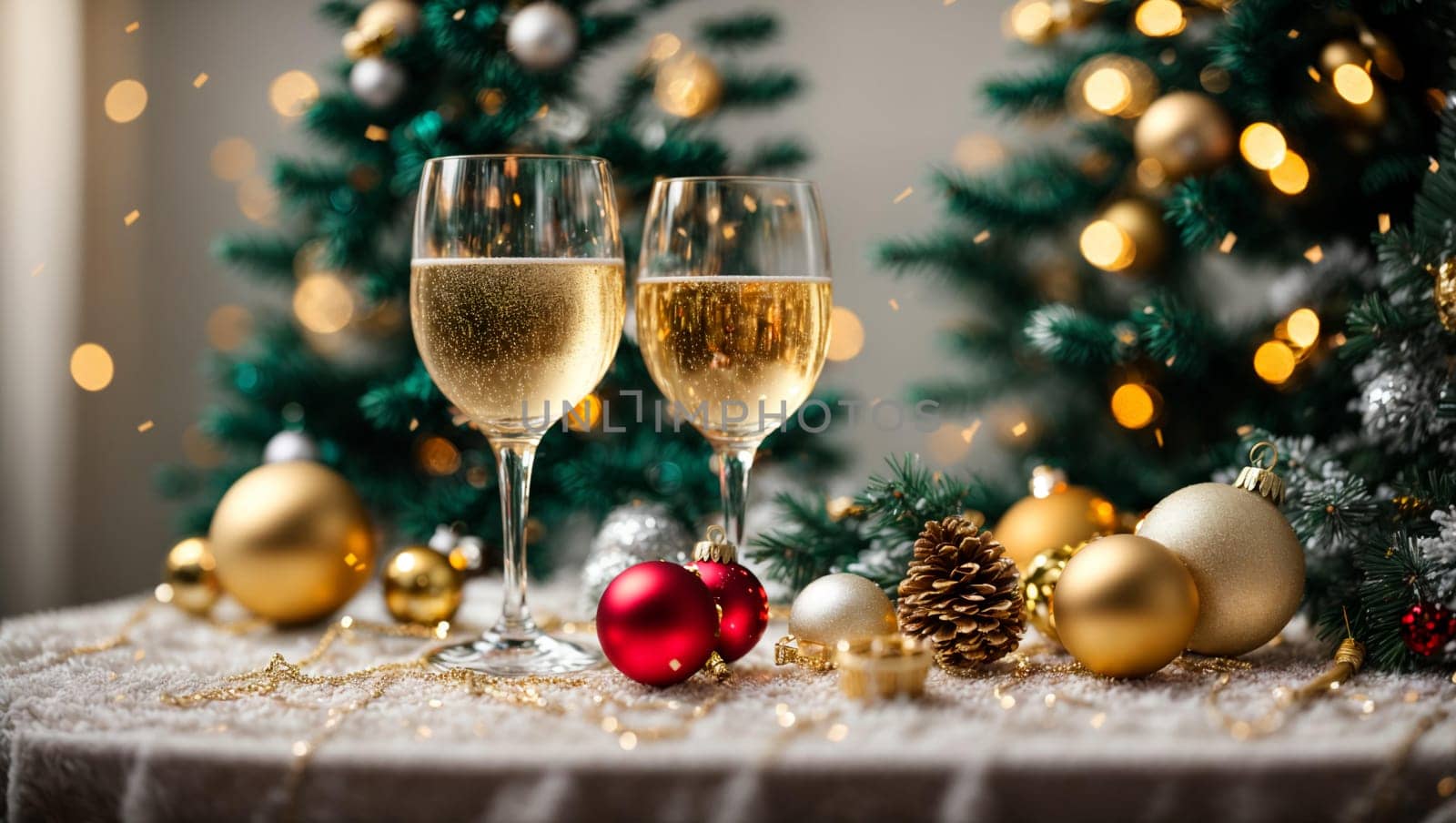 glasses with spilled champagne on a bright Christmas table with bright Christmas toys and garlands, a Christmas tree in the background with a magical blue background