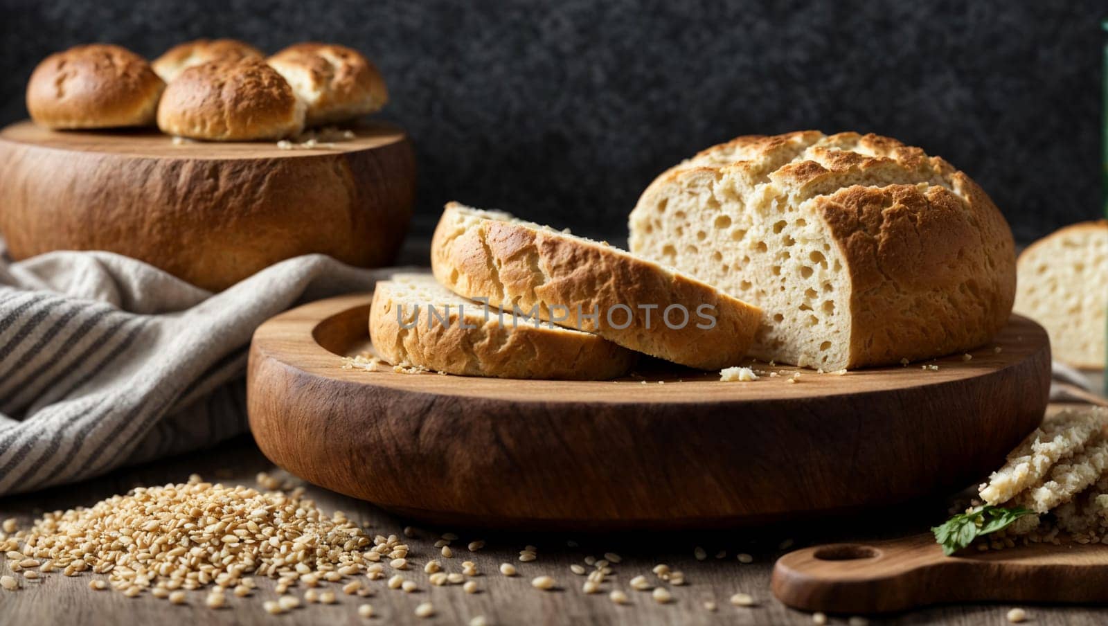 round bread in a wooden plate on a white background, bread preparation, and wheat sliced bread.