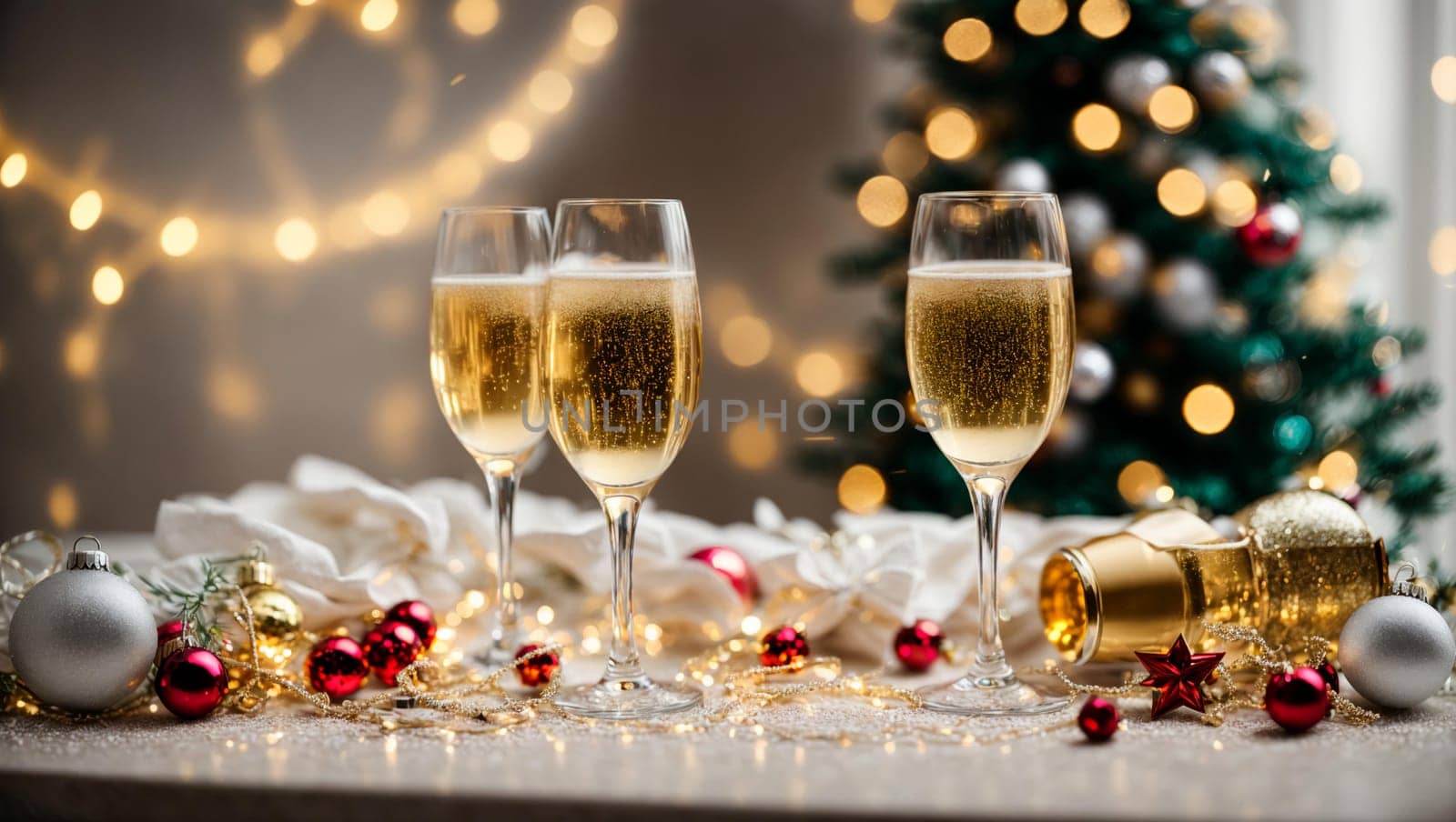 glasses with spilled champagne on a bright Christmas table with bright Christmas toys and garlands, a Christmas tree in the background with a magical blue background