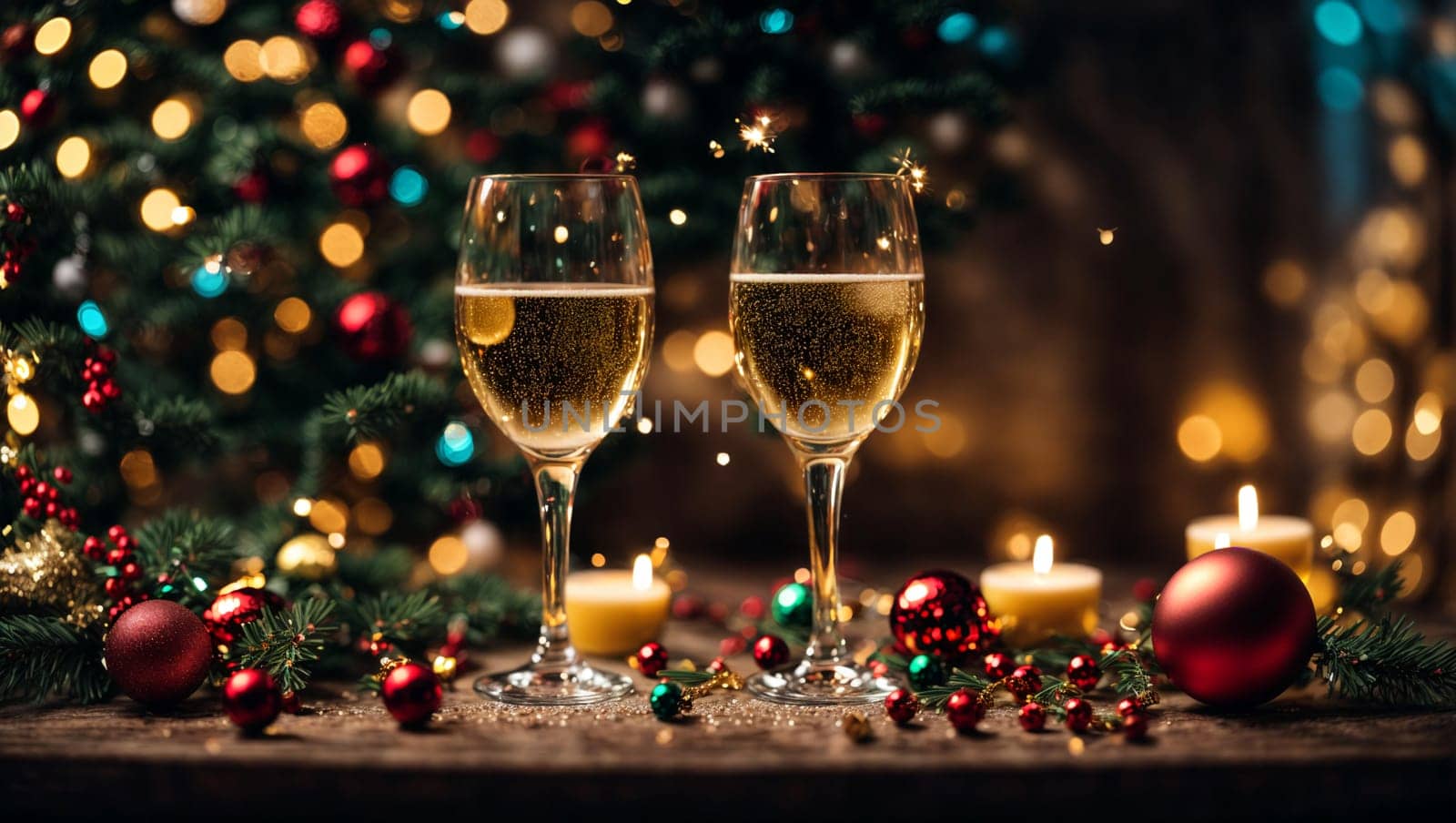 glasses with spilled champagne on a bright Christmas table with bright Christmas toys and garlands, a Christmas tree in the background with a magical blue background