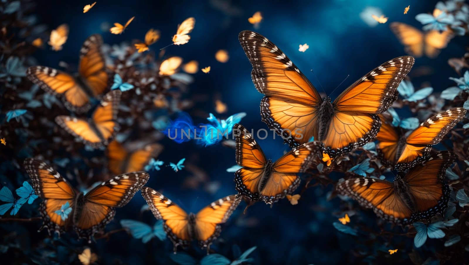 colorful butterflies on a blue sunny spring magic background with rays of the sun