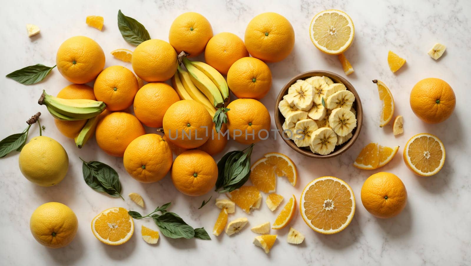 ripe bananas and oranges lie on a bright white background by Севостьянов