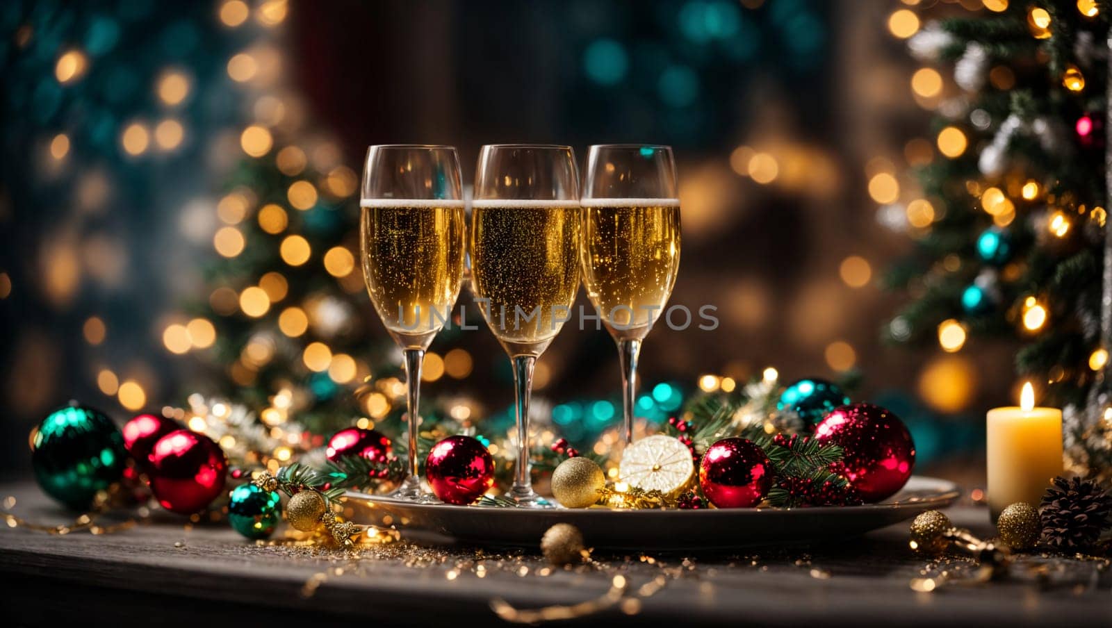 glasses with spilled champagne on a bright Christmas table with bright Christmas toys and garlands, a Christmas tree in the background with a magical blue background
