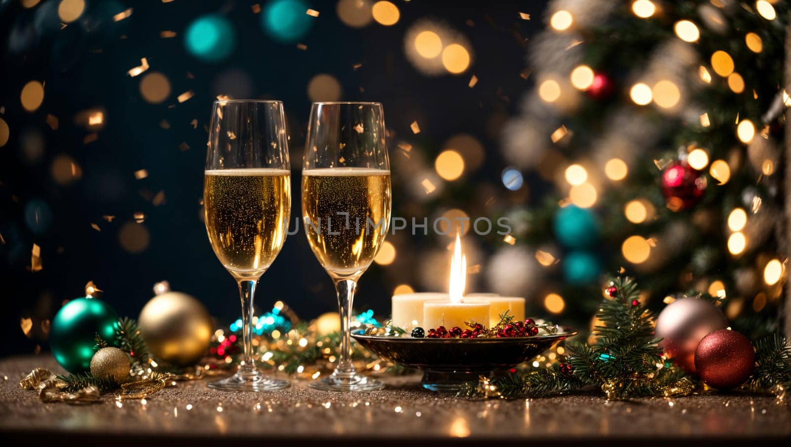 glasses with spilled champagne on a bright Christmas table with bright Christmas toys and garlands, a Christmas tree in the background with a magical blue background