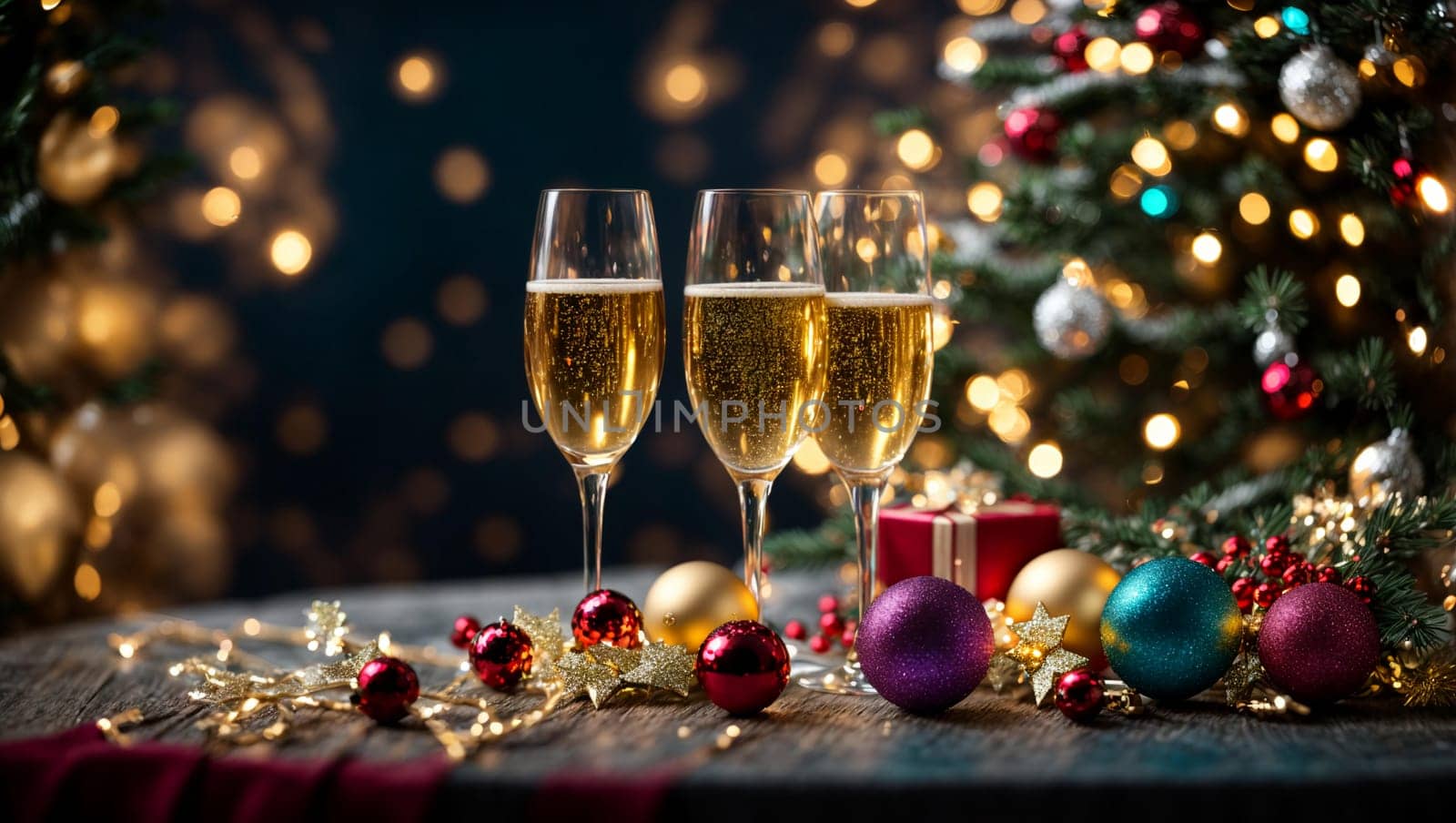 two glasses of champagne on a bright Christmas table with bright Christmas toys and garlands, a Christmas tree in the background with a magical blue background