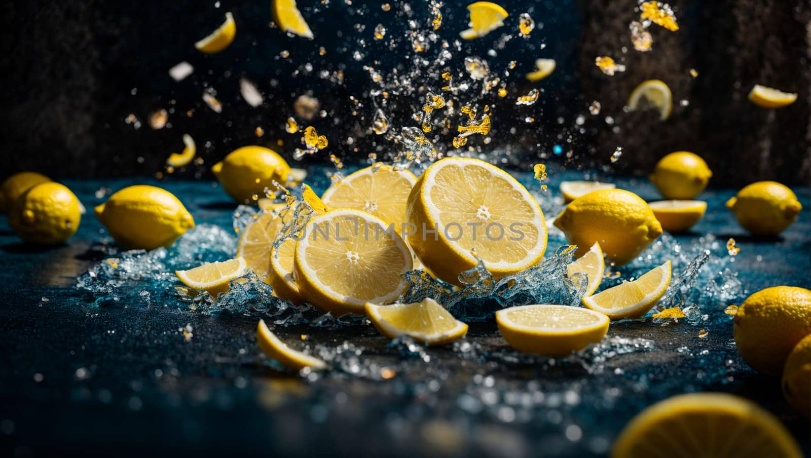 an explosion of bright colors of lemon slices in the air and water against a background of deep dark blue and bluish shades.