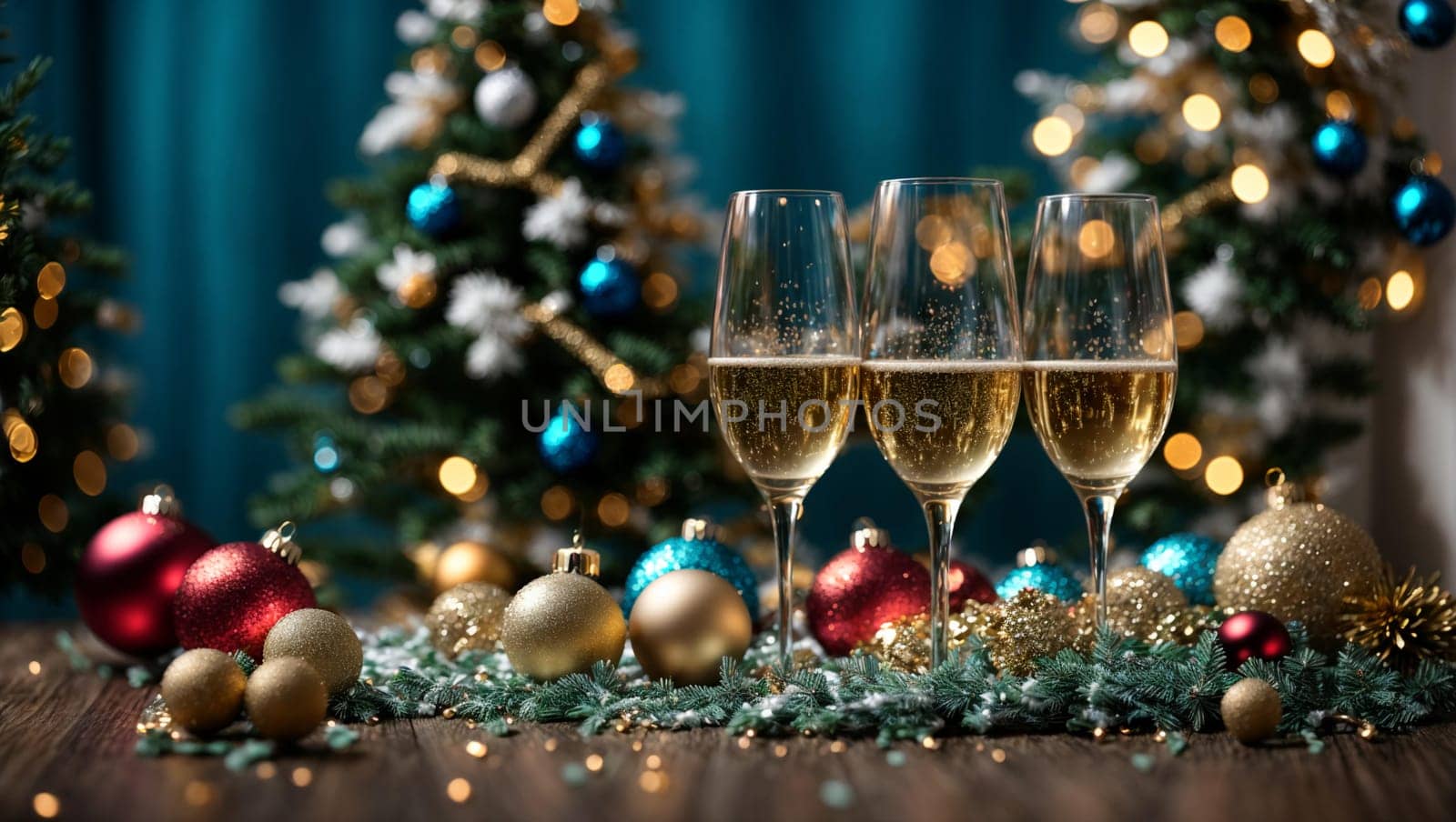 glasses with spilled champagne on a bright Christmas table with bright Christmas toys and garlands, a Christmas tree in the background with a magical blue background