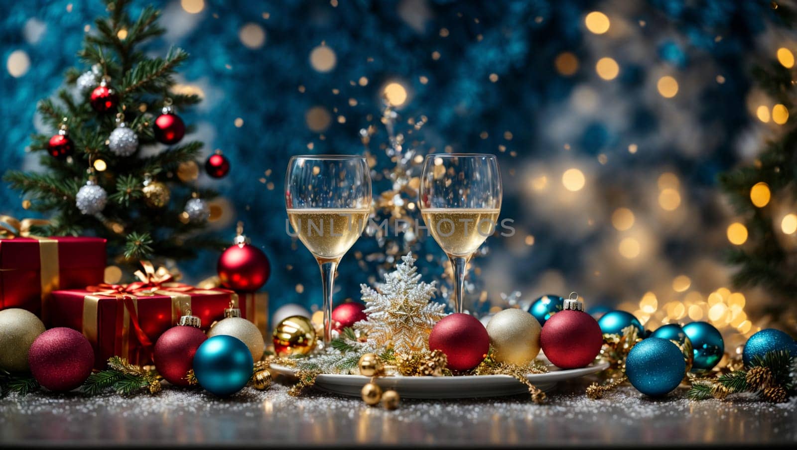 glasses with poured champagne on a bright Christmas table with bright Christmas tree toys and garlands by Севостьянов