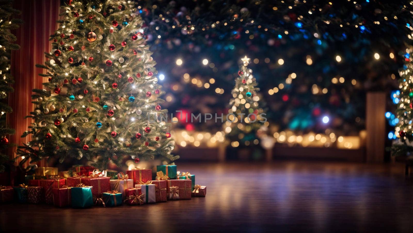 Christmas tree on a blurry magic background with bright toy colored lights and festive colorful Christmas garlands