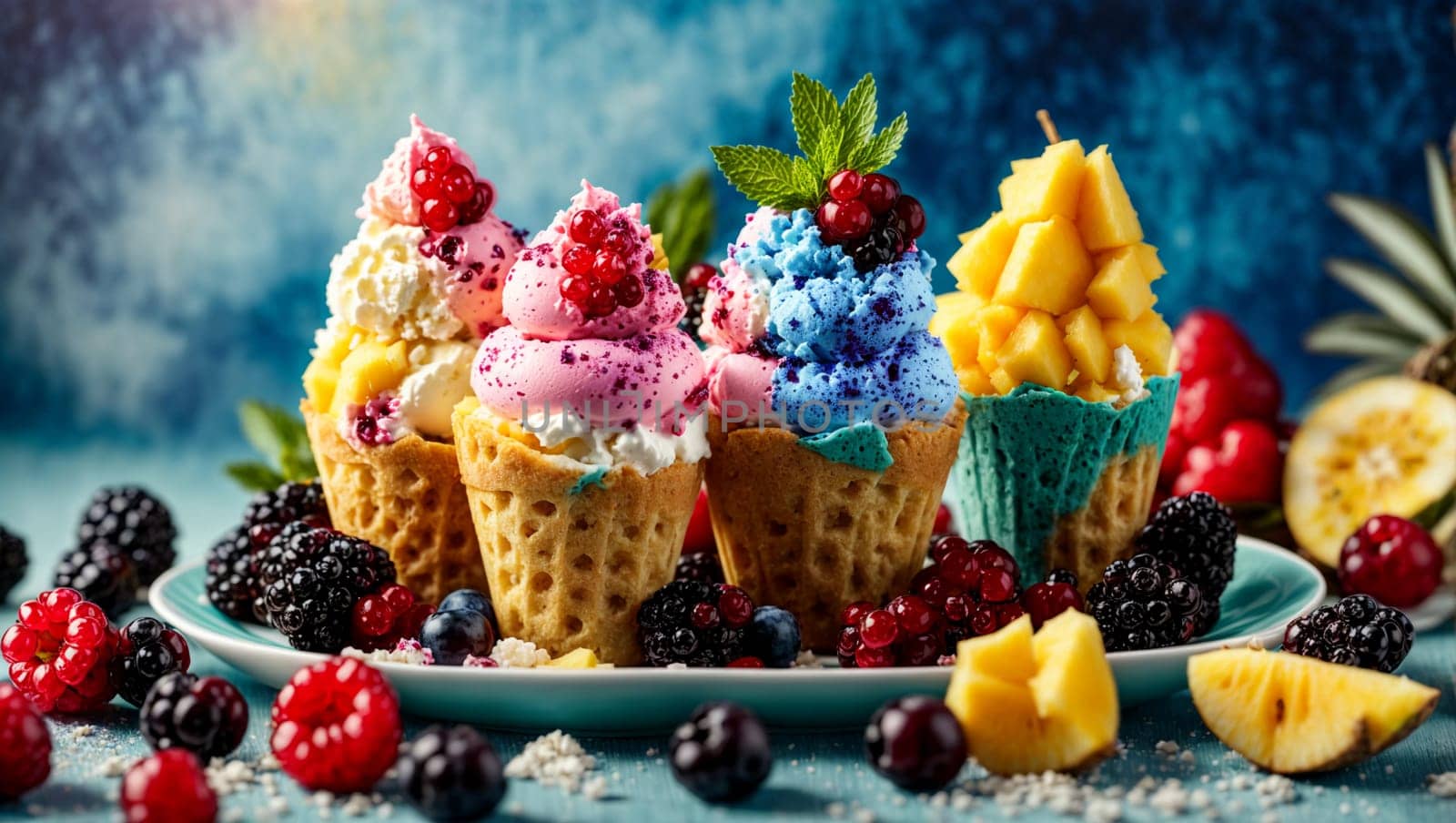 multi-colored ice cream with frozen mango, pineapple, red and black currant berries