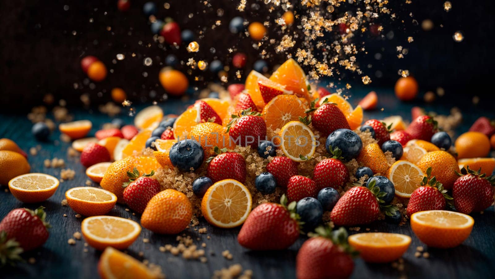 an explosion of bright colors, orange and strawberry floating in the air, in splashes of water, leaving a delightful trail against a background of deep dark blue and mesmerizing magical blue and white shades.