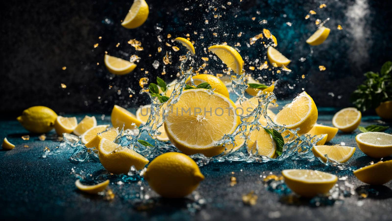 an explosion of bright colors of lemon slices in the air and water against a background of deep dark blue and bluish shades.