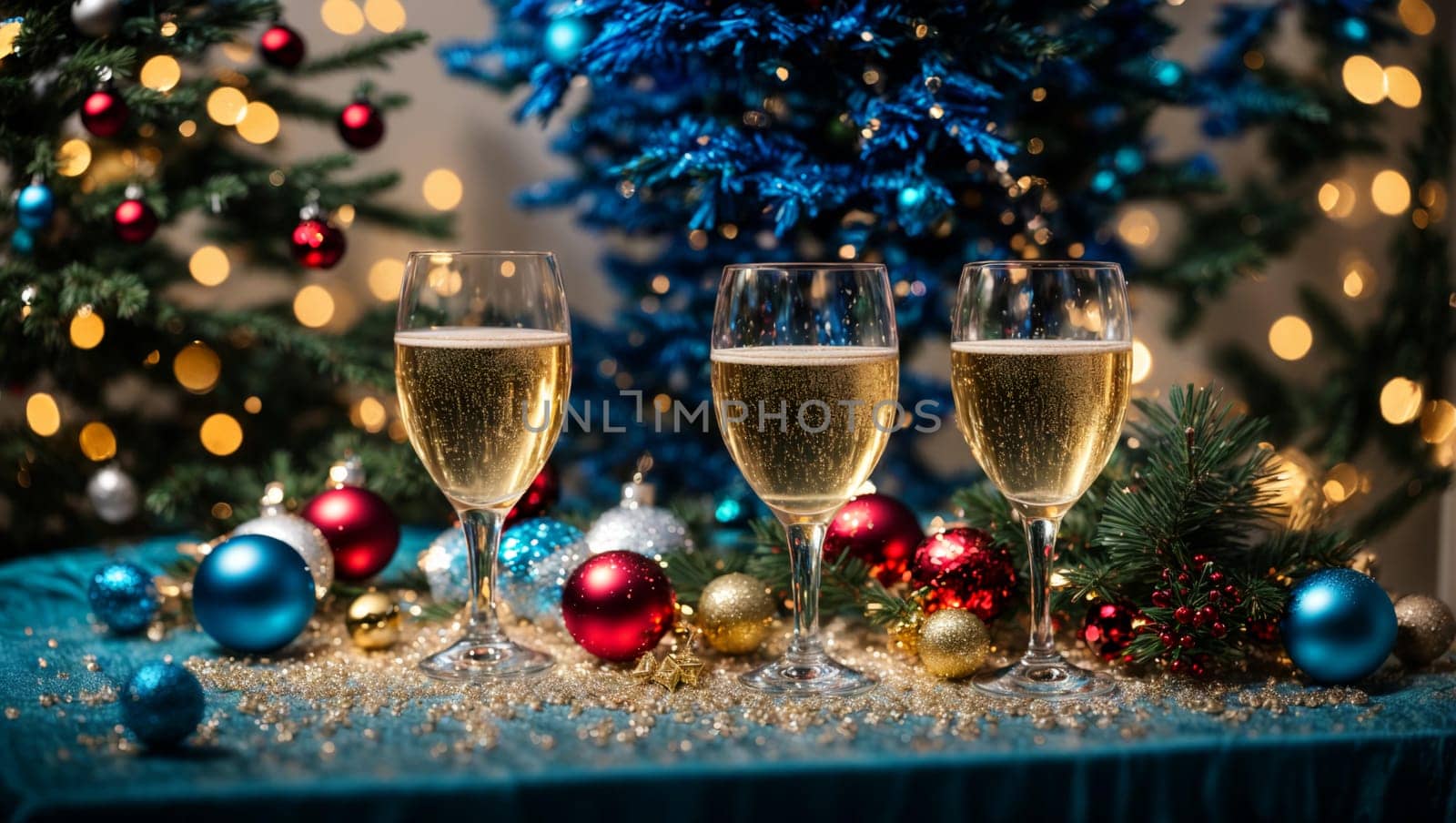 glasses with poured champagne on a bright Christmas table with bright Christmas tree toys and garlands by Севостьянов