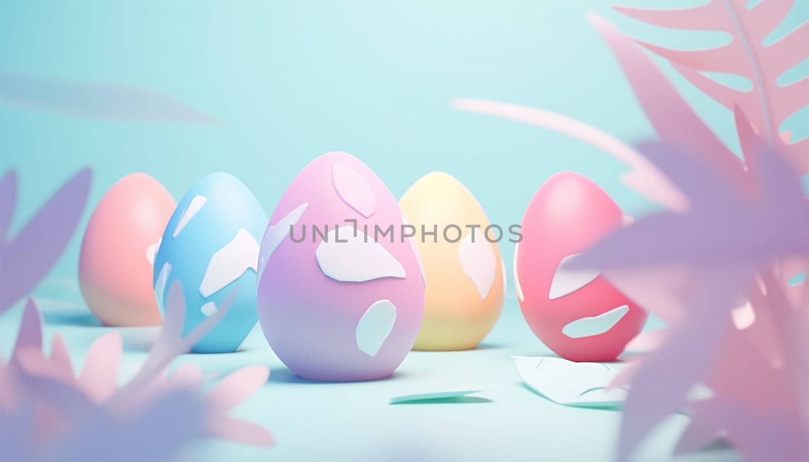 Light pastel Easter eggs design with copy space. Set of blue, pink and yellow 3D eggs shape frames design. Elements for happy Easter day festival design. Collection of geometric oval for product display or text space. Top view. illustration Happy Easter Space for text