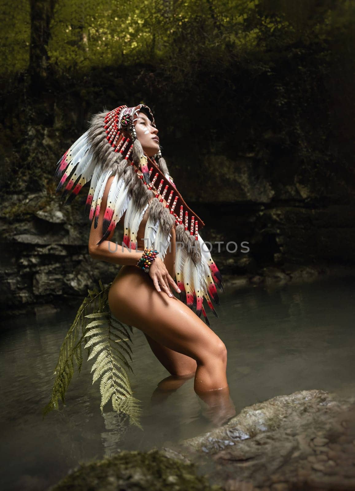 Naked girl in Native American headdresses poses sexually against the backdrop of wildlife by Rotozey