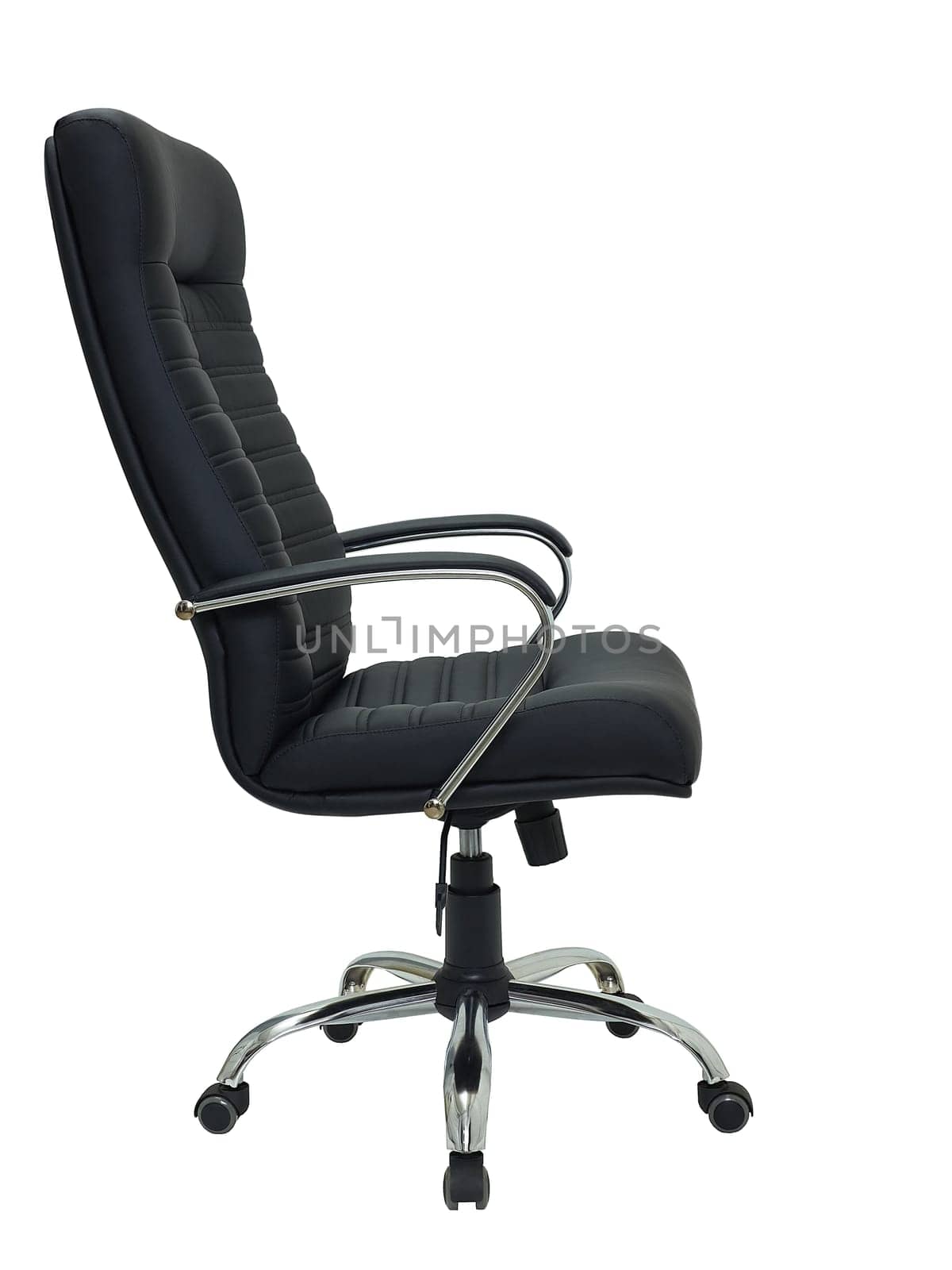 modern furniture in minimal style, interior, home design. black leather armchair on wheels isolated on white background, side view.