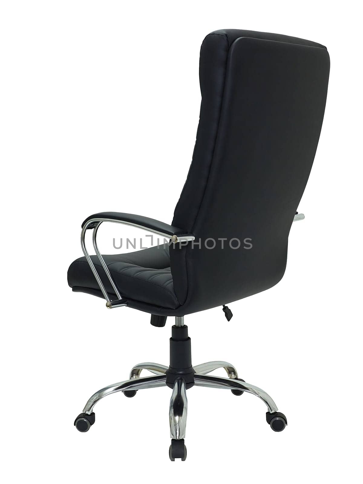 modern furniture in minimal style, interior, home design. black leather armchair on wheels isolated on white background, back view.