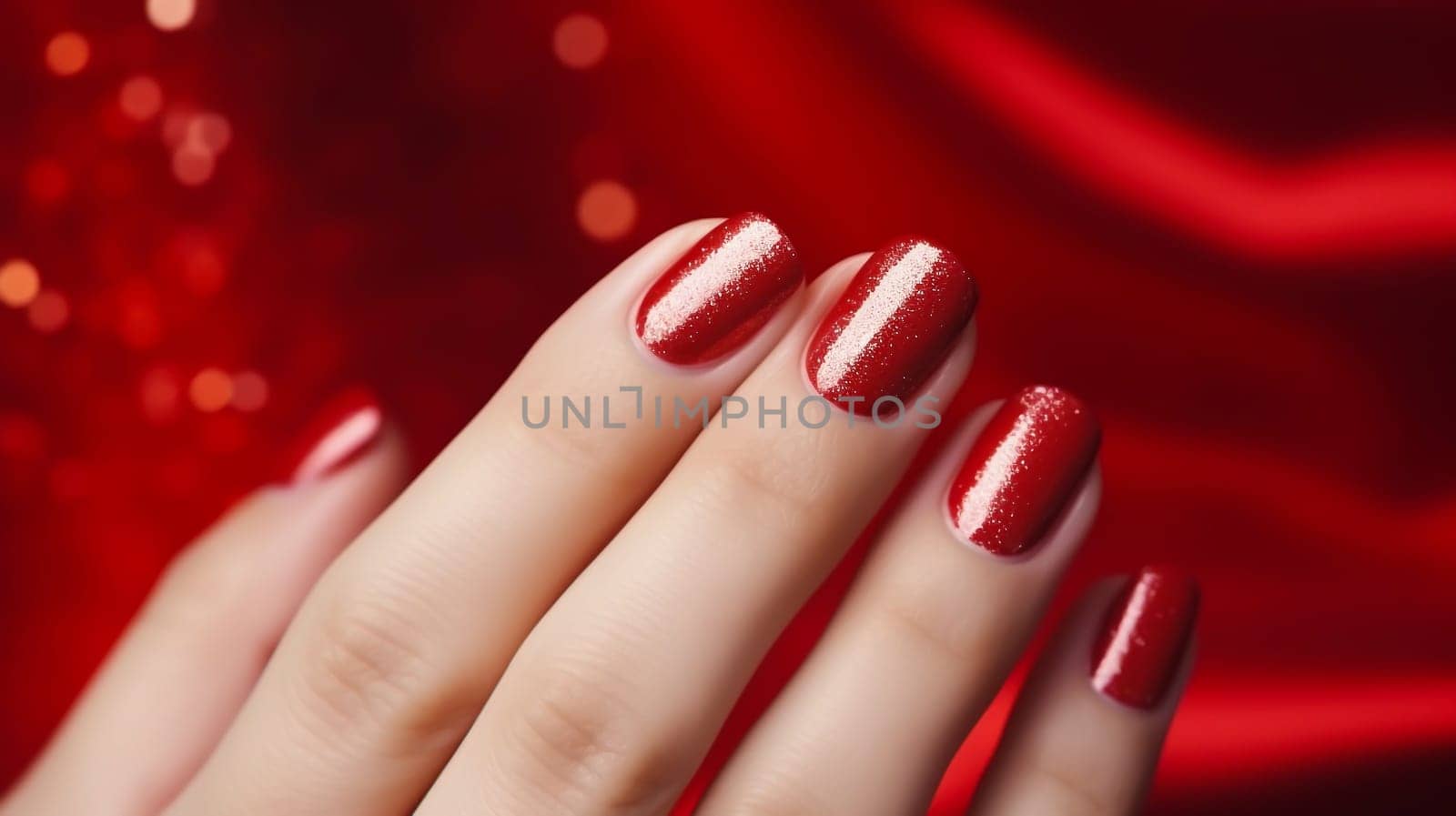 Closeup Female Hands with Red Nails, Manicure for Christmas Or St Valentine's Day . Beautiful Nail Polish for New Year Eve on Red Sparkling Background. AI Generated. High quality photo