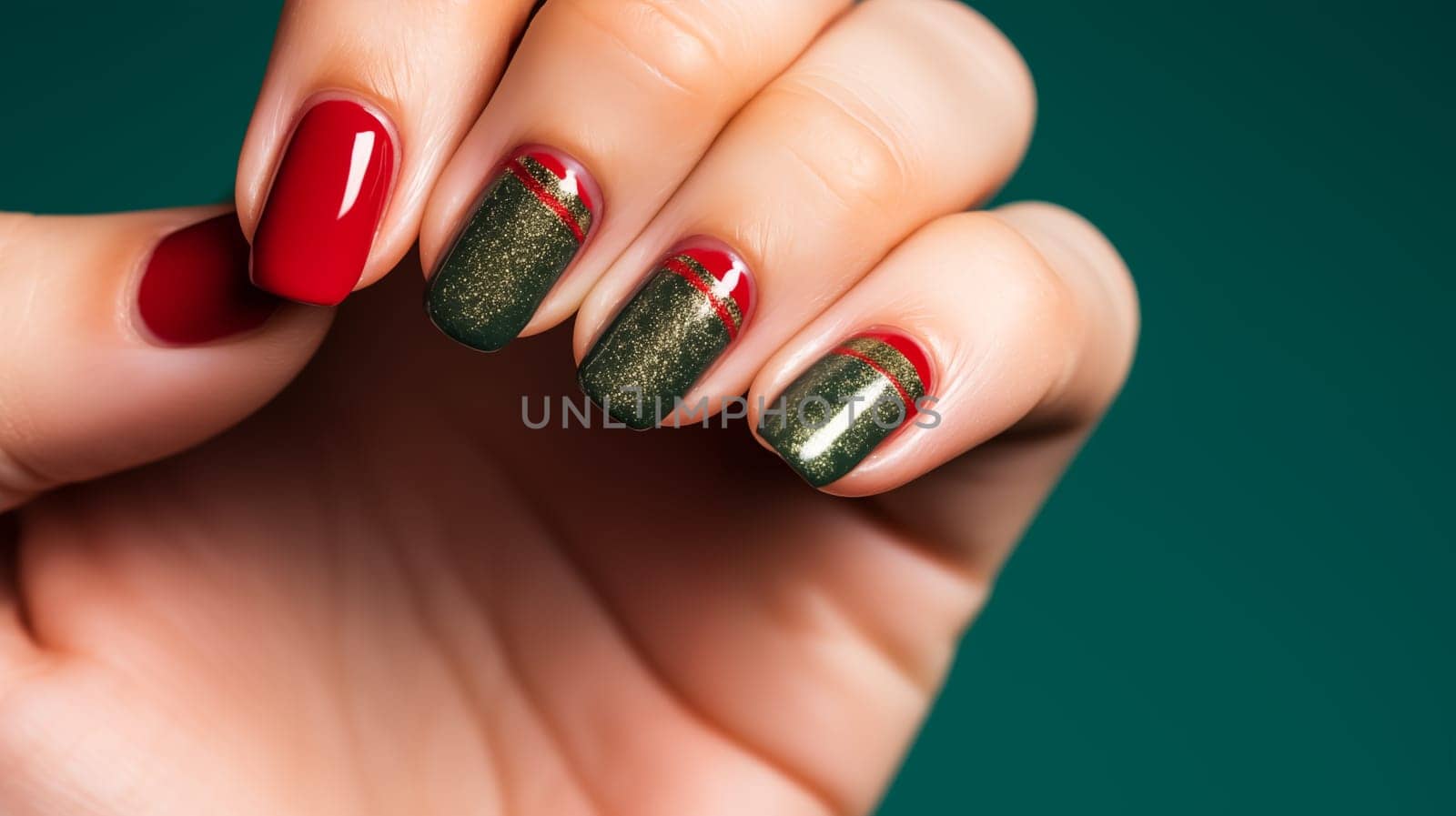 Closeup Female Hands with Red and Green Sparkling Nail Polish Design, Manicure for Christmas Or New Year Eve on Green Background. AI Generated. High quality photo