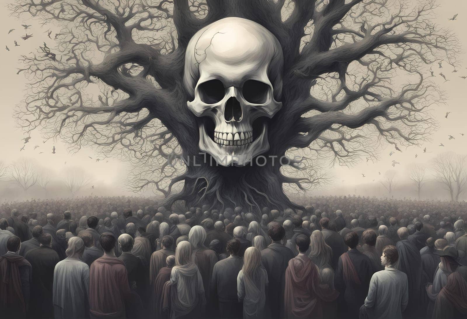 large group of people, skull color, crowds of people, sinister fantasy illustration, identity, thinking about others, branching, connectedness, oak tree, matte painting of the human mind, gothic face by rostik924