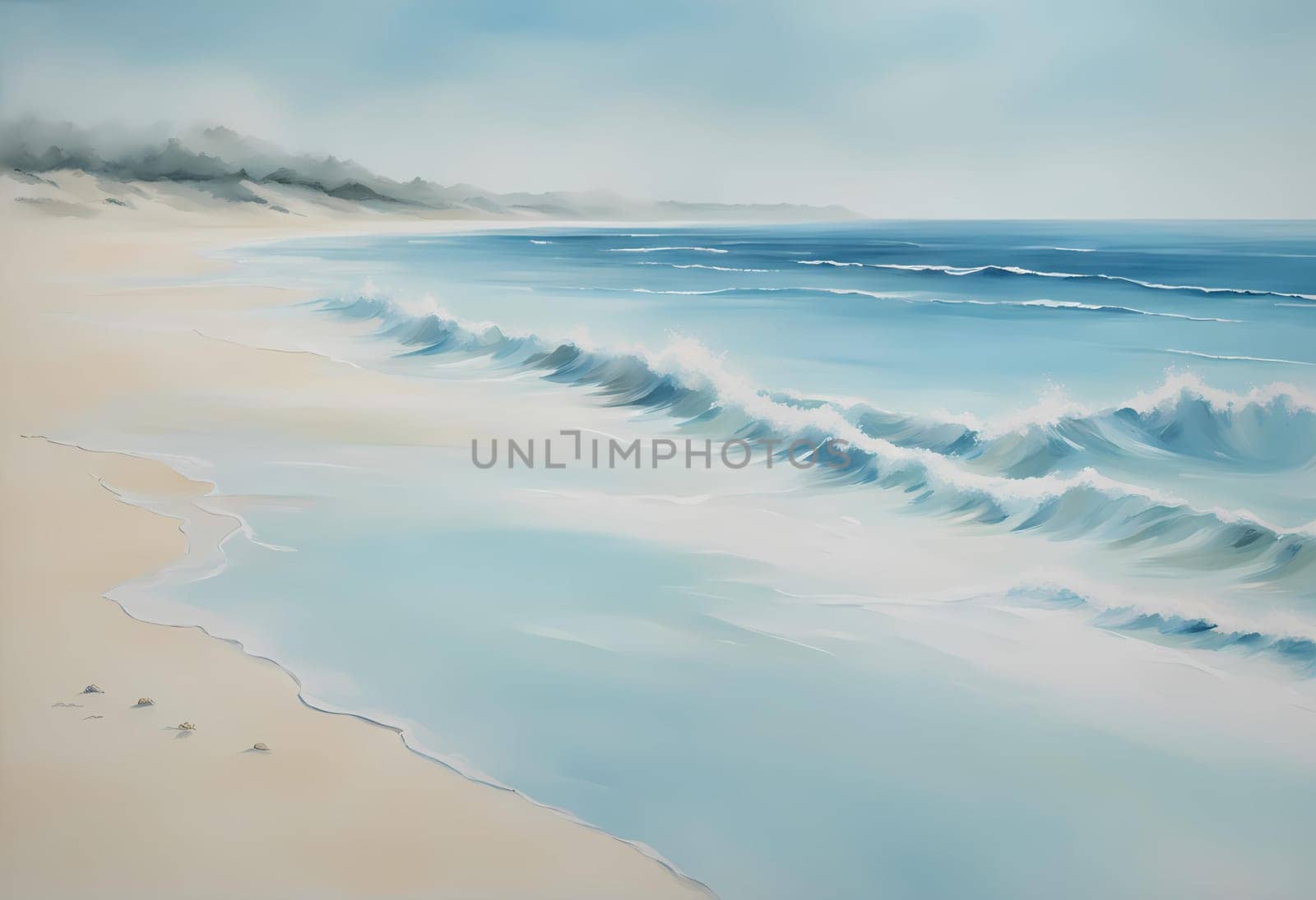 beach scene painting with waves crashing on the sand, light blue mist, gentle zen minimalist, beach, evokes delight, connectedness, artwork empty daylight, beautiful ocean, Generate AI