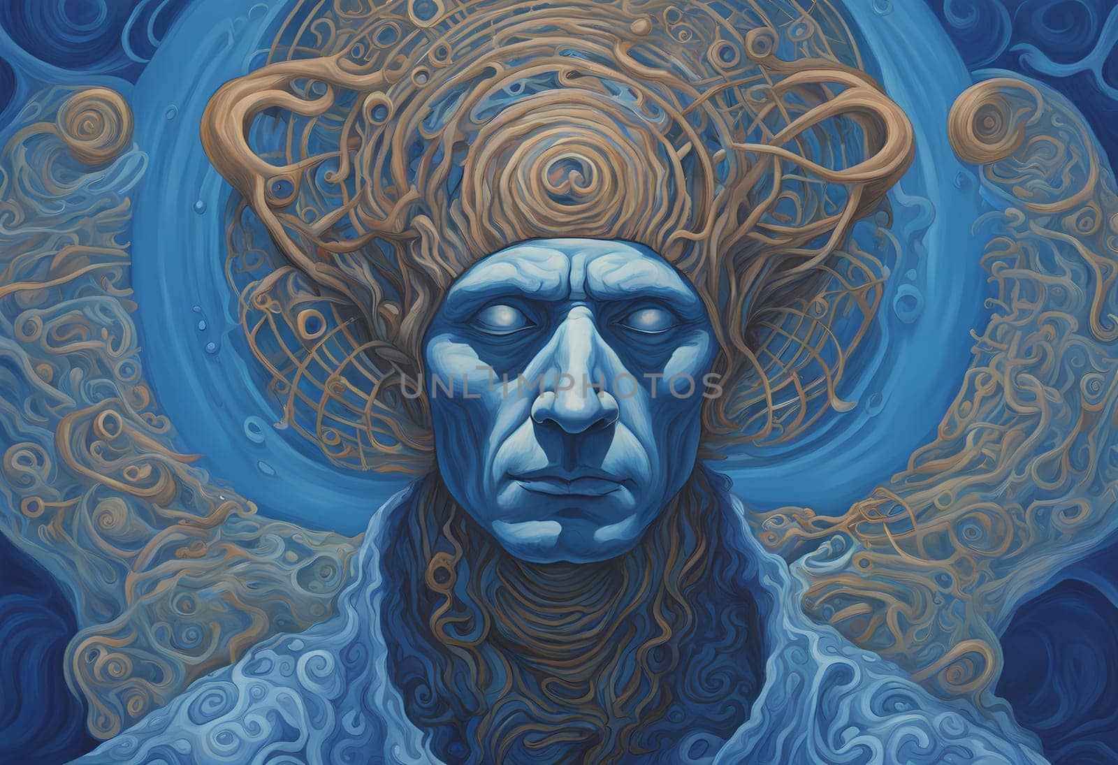 a painting of a man with a blue background, hyper - detailed visionary art, cognition, mobius, promotional poster art, figure meditating close shot, high detailed cartoon, high evolution, blue clothing, hypermasculine, spirals, schizophrenic by rostik924