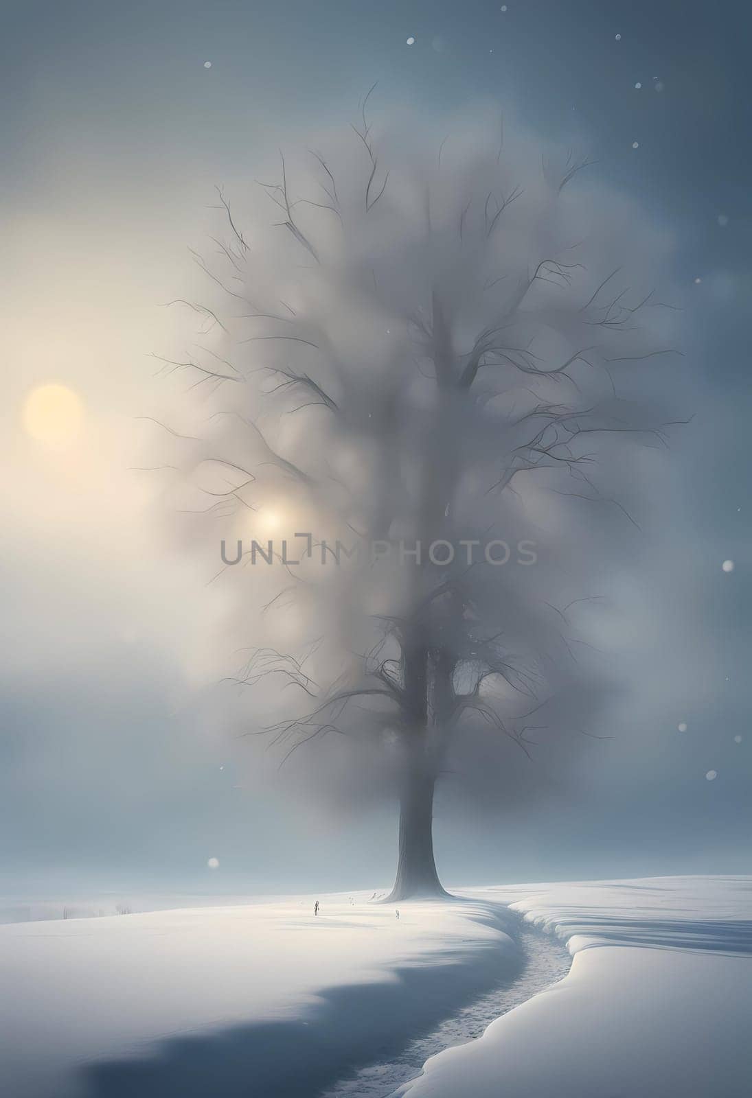 lonely tree in snowy landscape, beautiful gorgeous digital art, floor fog, foggy sun and mystical, frozen, footprints, ice sunflowers, with a tall tree, vertical Generate AI