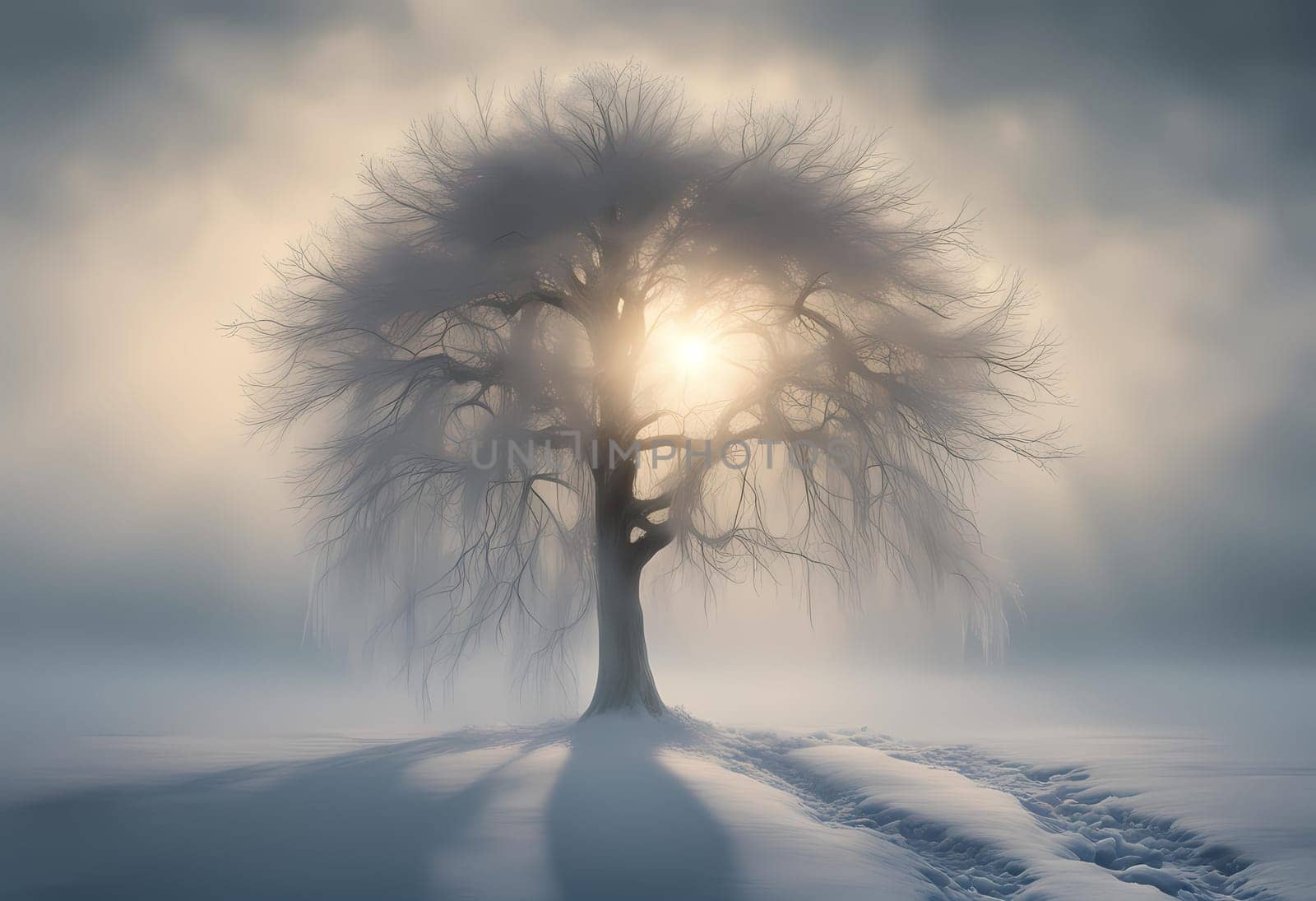 lonely tree in snowy landscape, beautiful gorgeous digital art, floor fog, foggy sun and mystical, frozen, footprints, ice sunflowers, with a tall tree, Generate AI