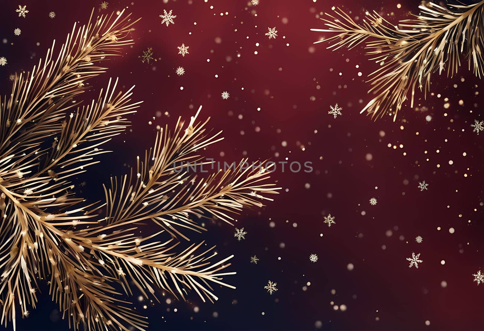 Winter background with pine branches on a dark red background. Gold stars and white, shiny snowflakes by rostik924