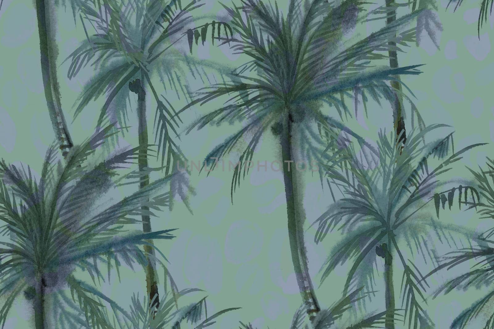watercolor fashion seamless tropical pattern in discreet shades with coconut trees on a blue background. Modern pattern