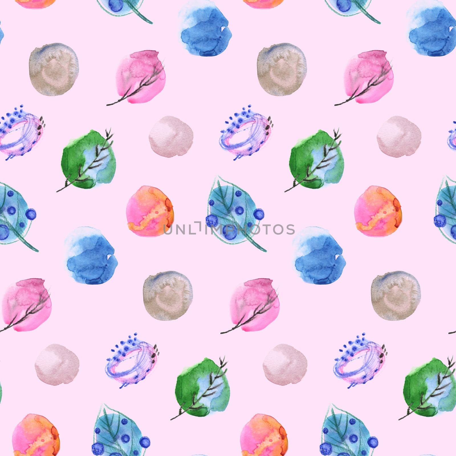 Seamless watercolor abstract pattern with irregular circles and leaves for textile