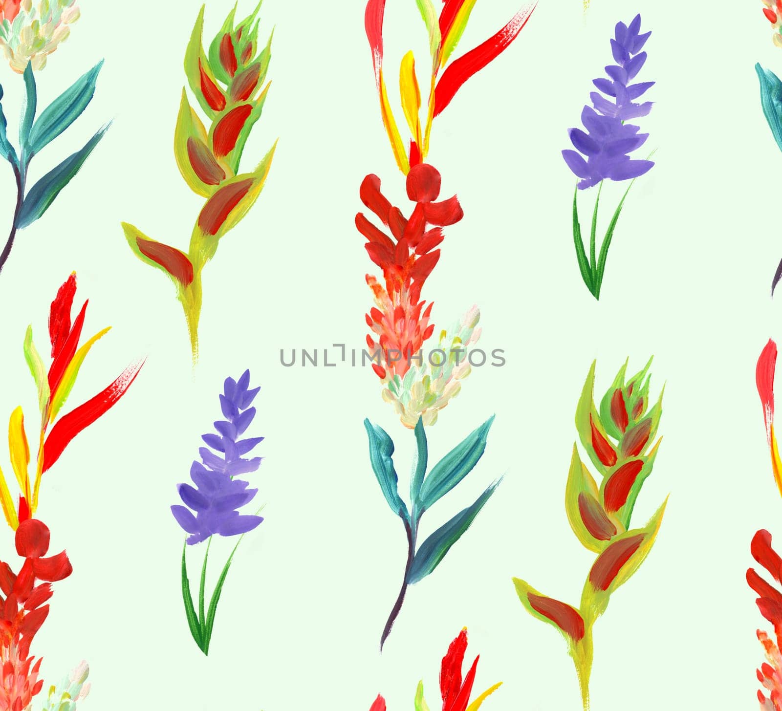 Seamless pattern with bright red tropical flowers and plants for summer textiles and surface design