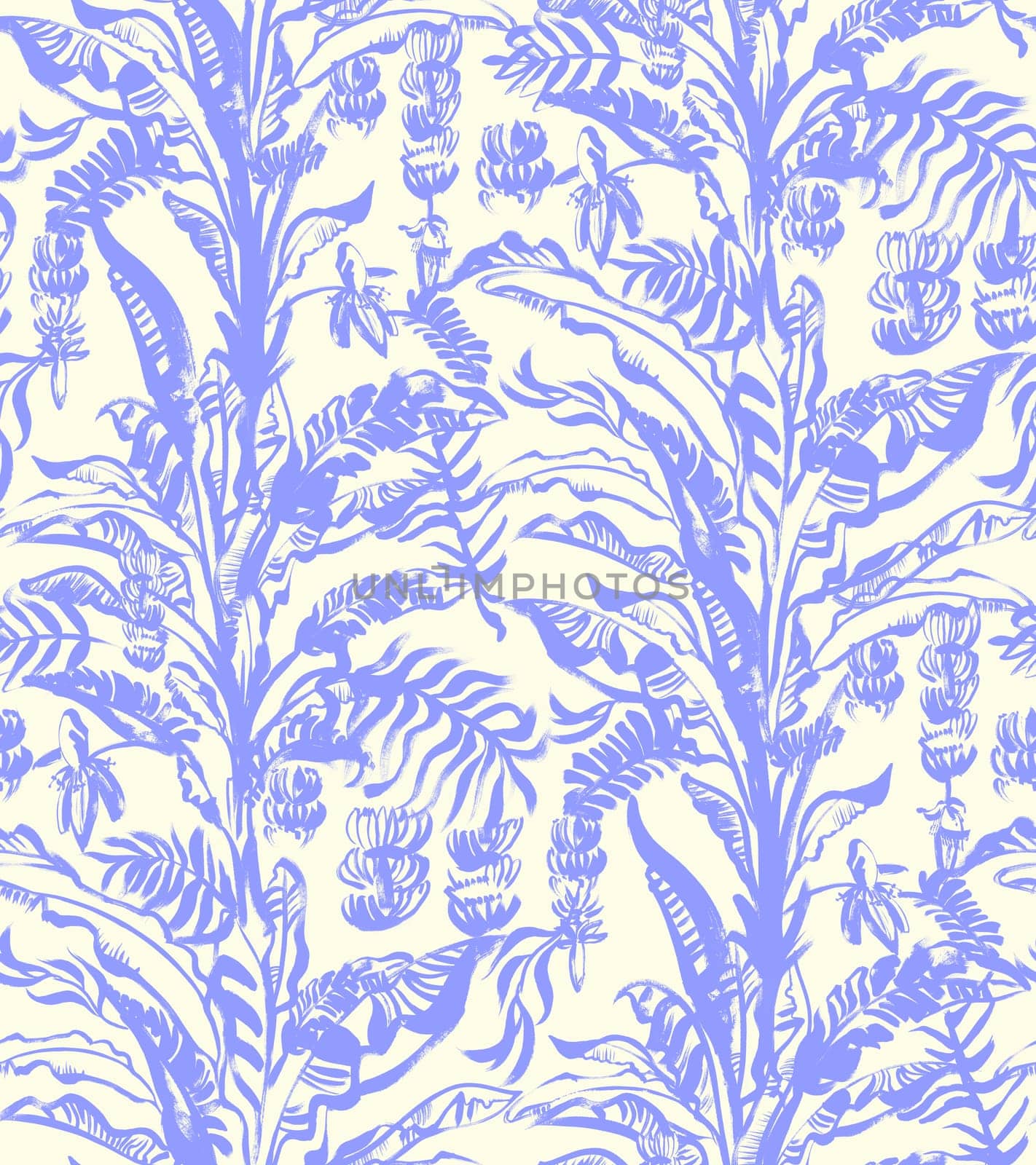 summer tropical seamless pattern with a blue palm tree and growing bananas on a white background drawn in a naive style in gouache for textiles and design surfaces