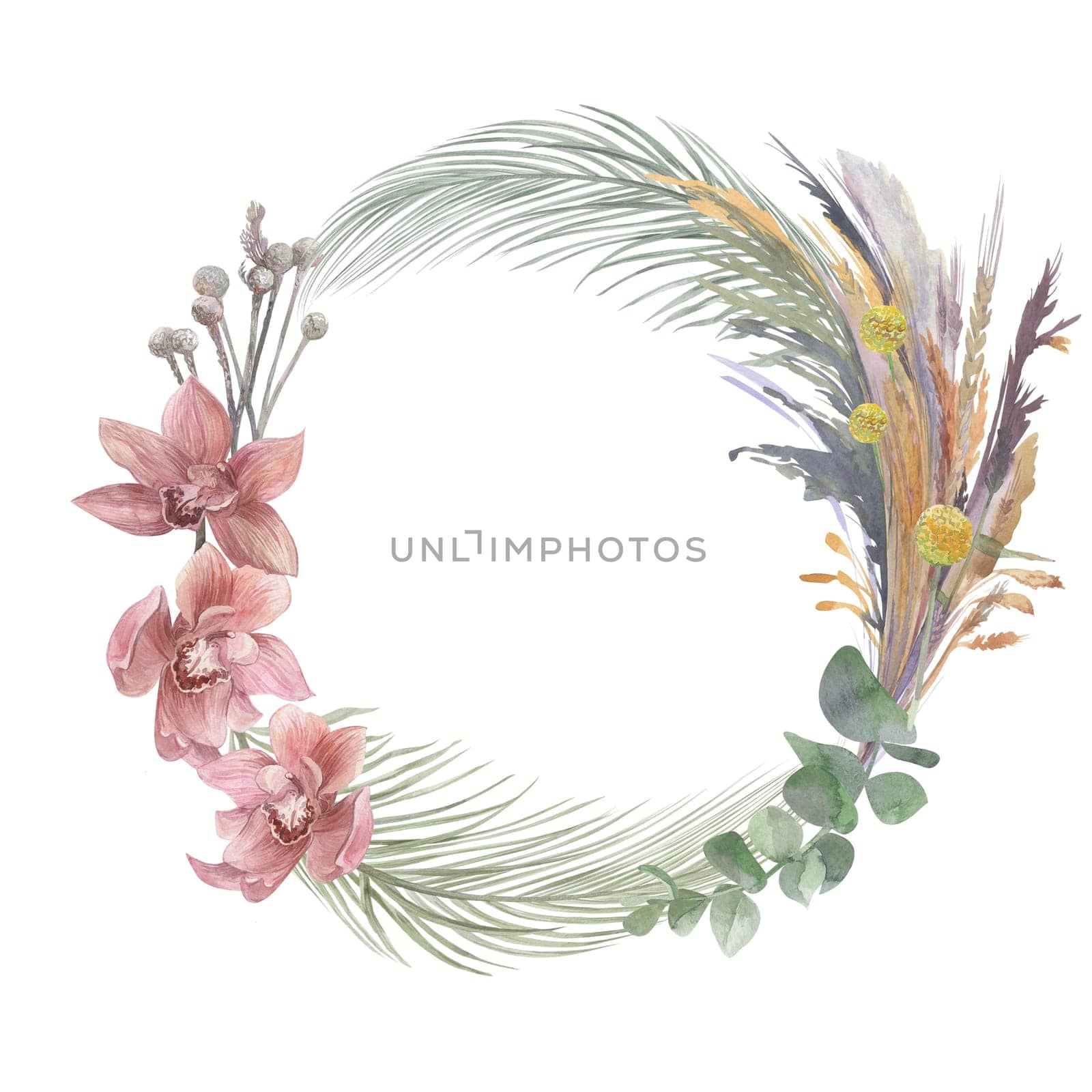 watercolor round frame with orchids and dry palm leaves and eucalyptus branch for cards and packaging design isolated on white background