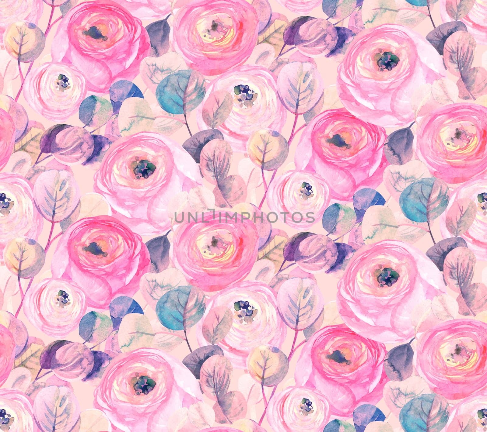delicate vintage watercolor seamless pattern with Ranunculus roses flowers and eucalyptus branches on a pink background