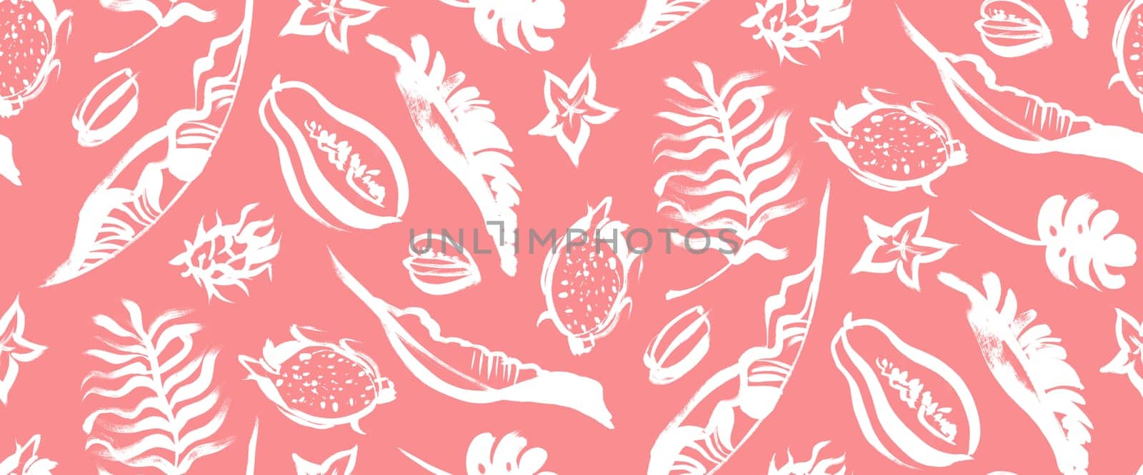 tropical fruit print with palm leaves and papaya pattern painted with a dry brush for the production of fabrics and textiles and surface design