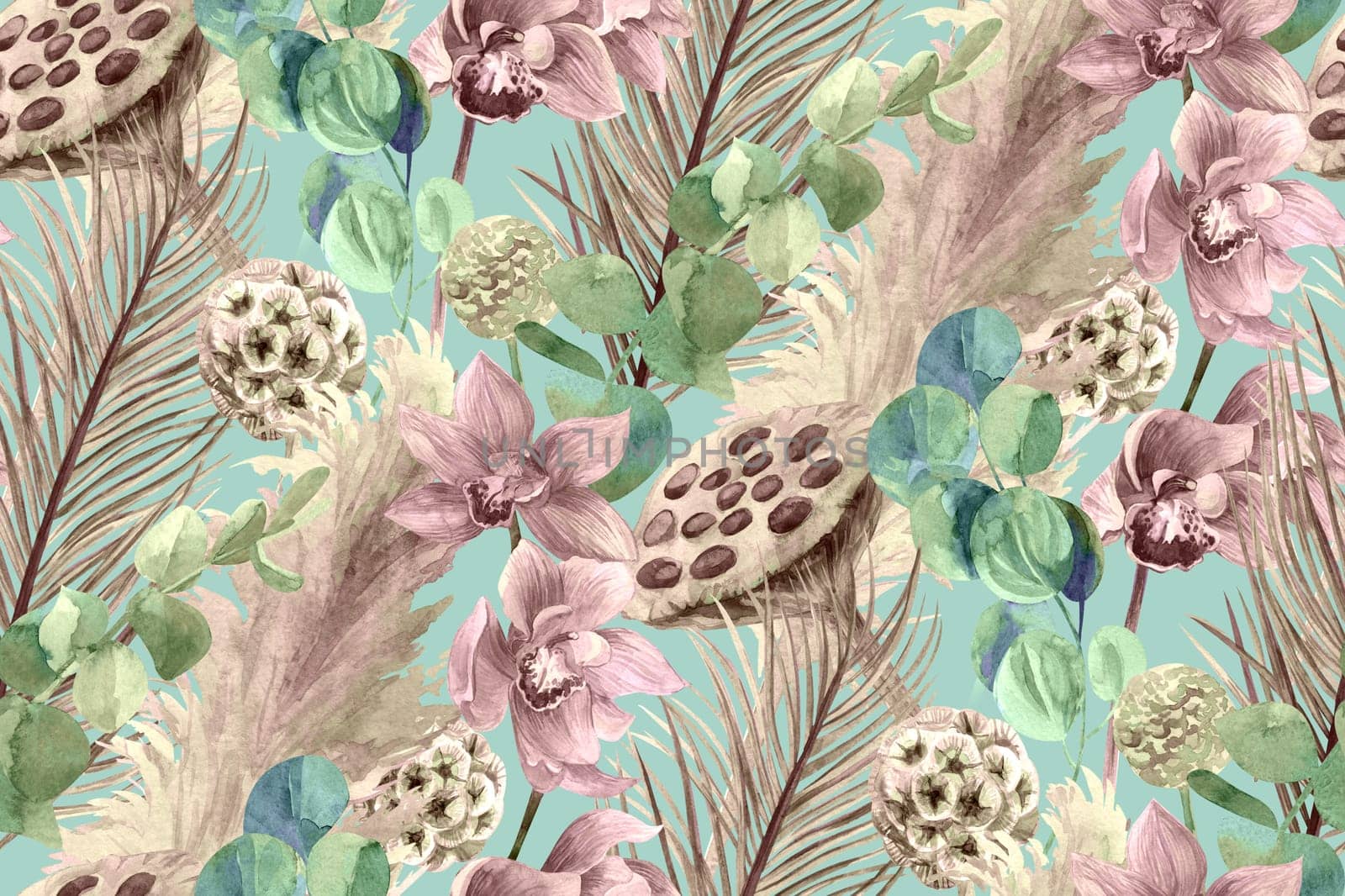 delicate vintage watercolor seamless pattern with branches of palm and orchid on a turquoise background for textile and surface design and packaging