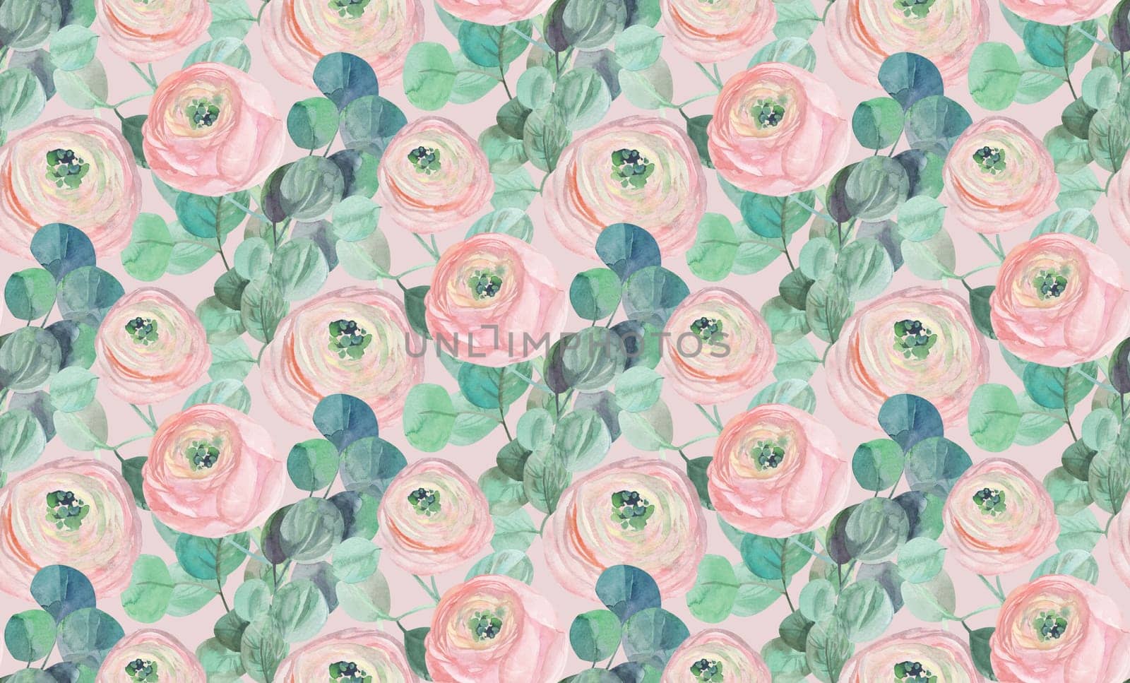 watercolor delicate seamless pattern with delicate roses and eucalyptus on light pink on a light green background