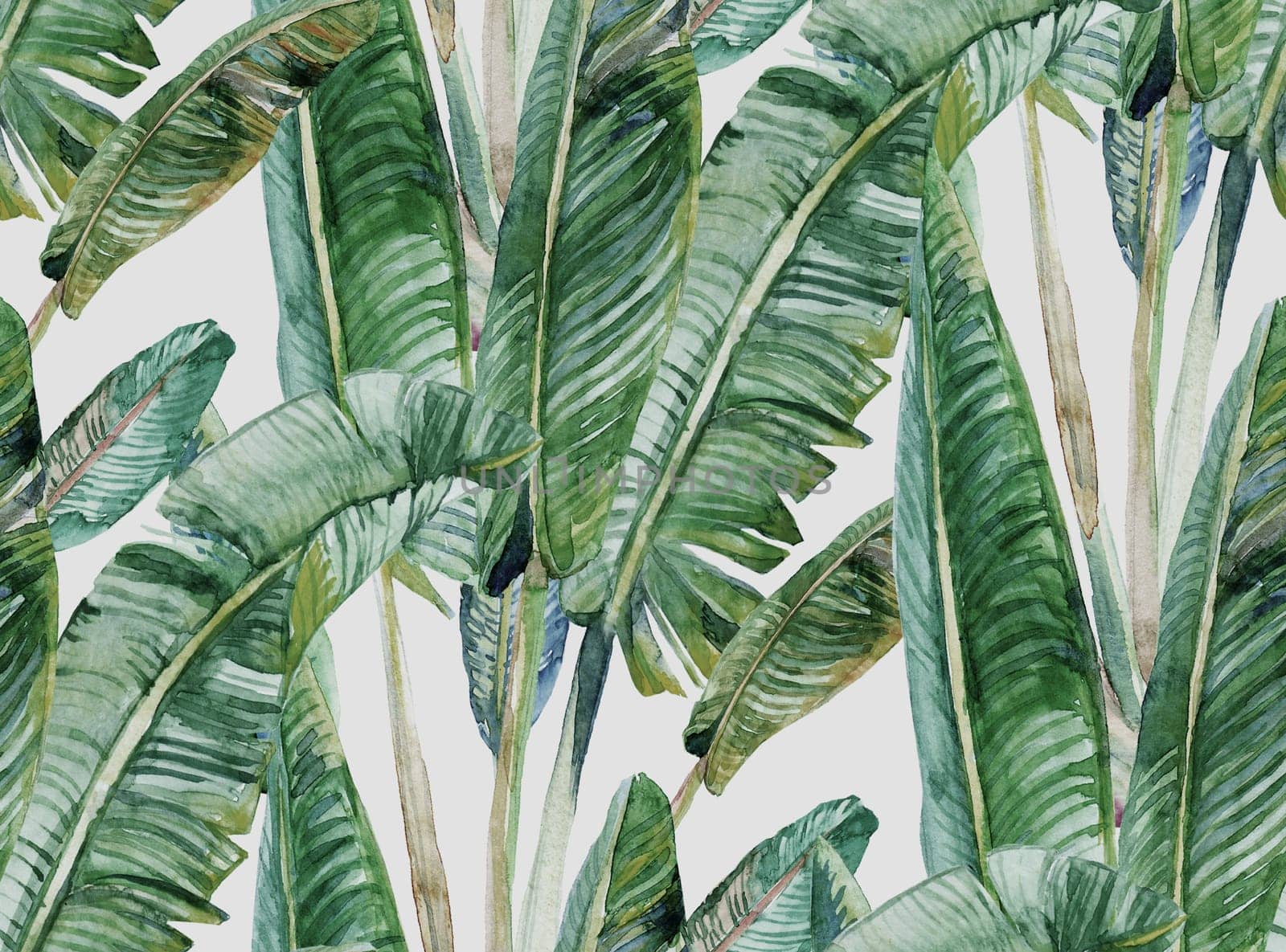 seamless pattern with watercolor banana palms in khaki shades on a gray background