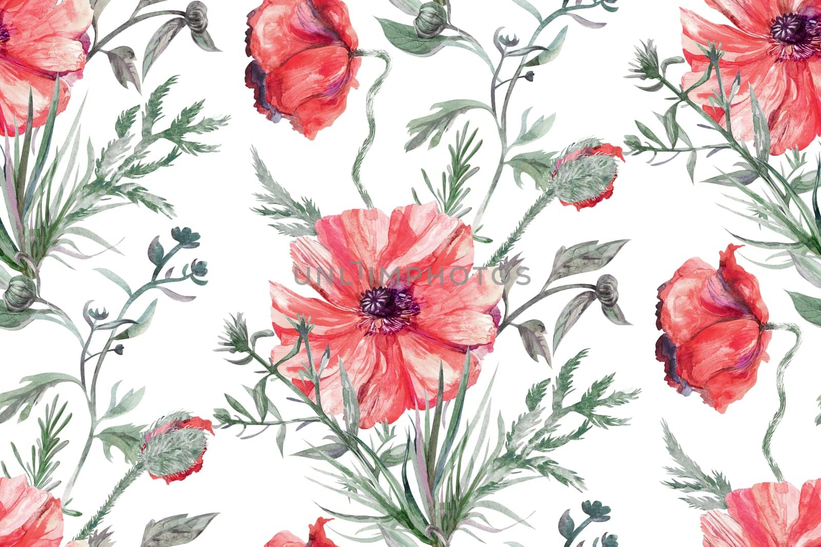 Seamless watercolor pattern with red poppy flowers on white background by MarinaVoyush