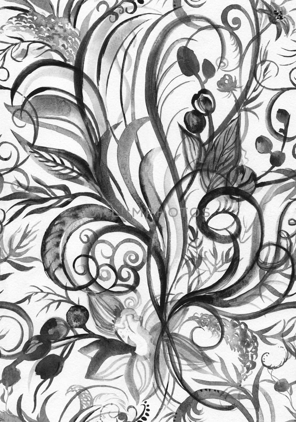 Black and white seamless watercolor pattern with orchid flowers and vintage stylized spiral leaves by MarinaVoyush