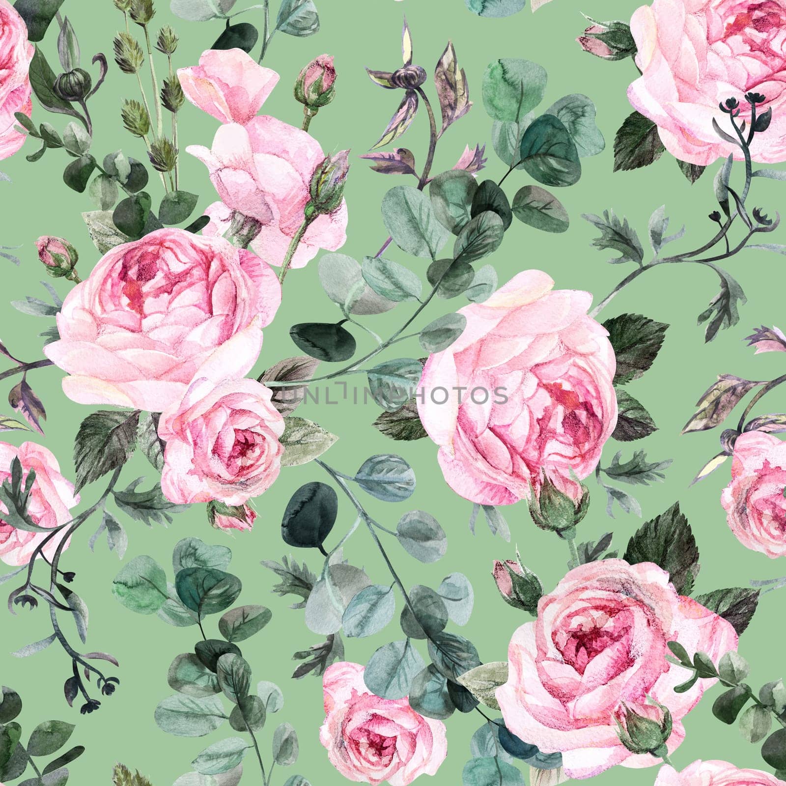 Vintage seamless pattern with delicate roses and branches on a light green background for textiles and retro designs