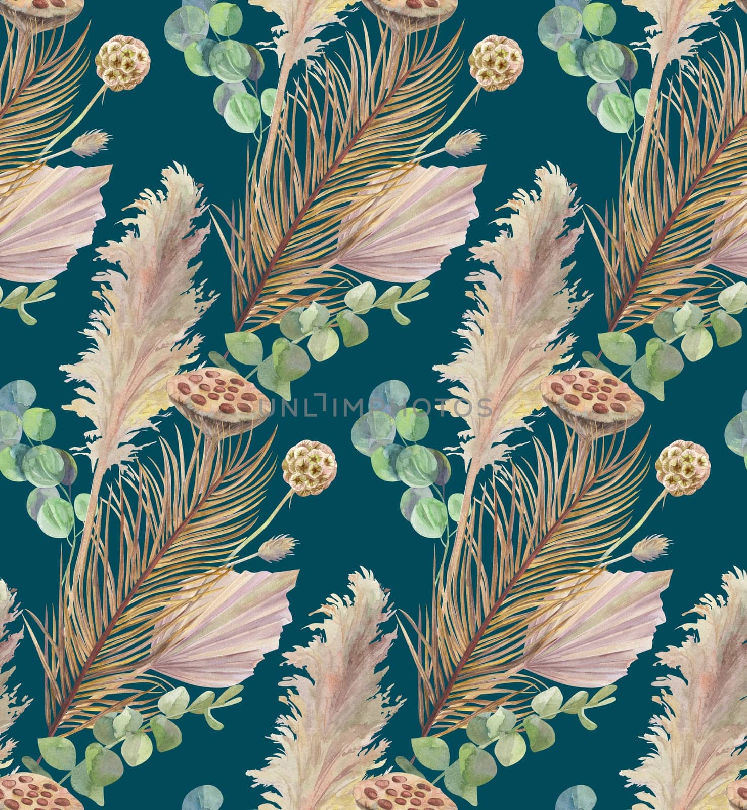 watercolor seamless pattern with dried flowers and dry palm leaves on dark green background for textiles and surface design
