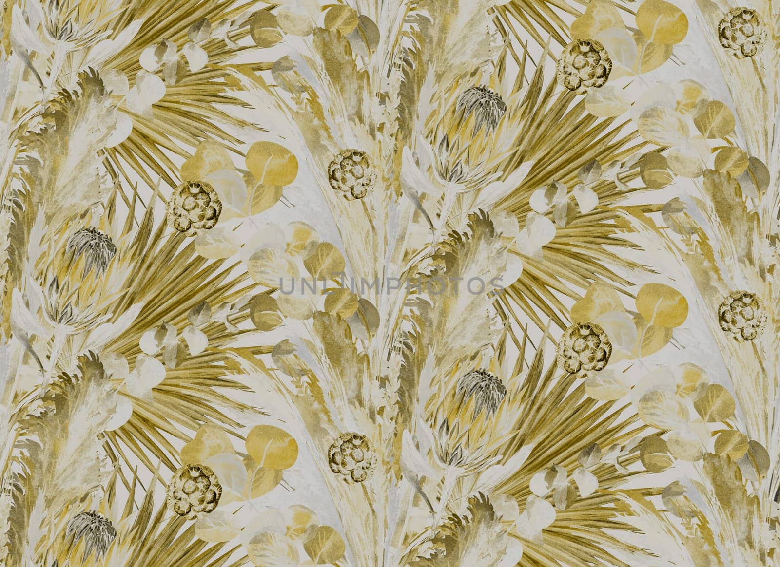 plain watercolor floral seamless pattern with protea flowers and tropical palm leaf in boho style on gray background for textiles and surface design