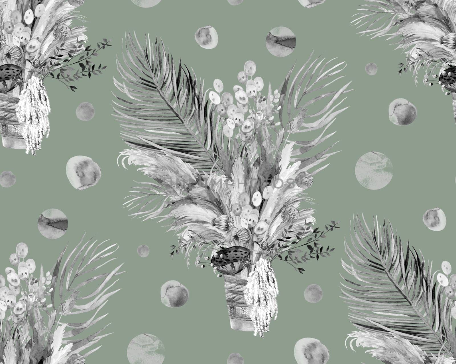 Seamless watercolor black and white pattern with graceful herbs and flowers with leaves for textile